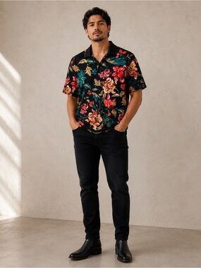 Black Floral Short Sleeve Camp Shirt - Bold Tropical Print